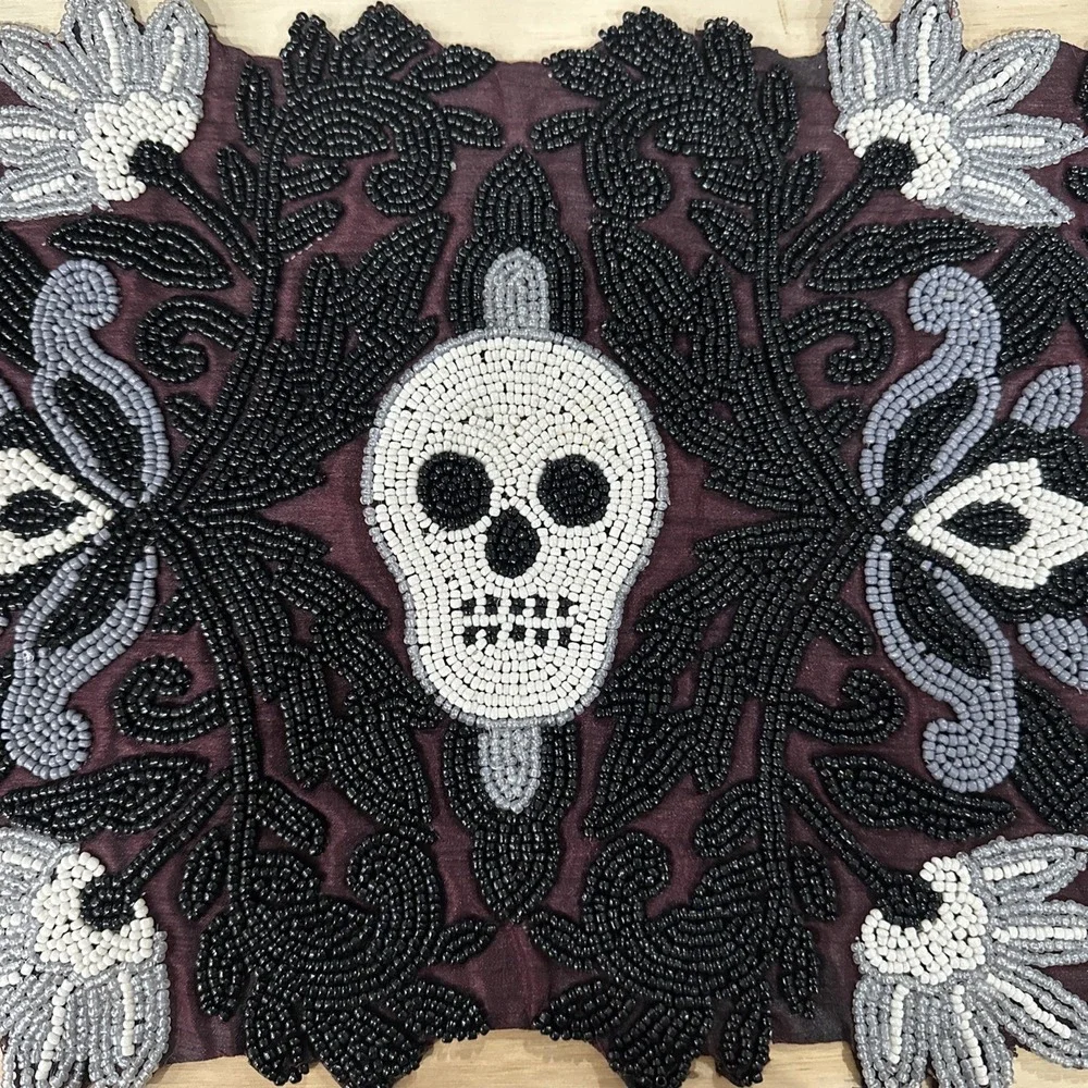 Beaded Skull Table Runner Décor Día De Muertos Day Dead Halloween 12x36